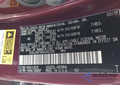 2017 Toyota Highlander Xle from USA, damaged, VIN 5TDJZRFHXHS402208